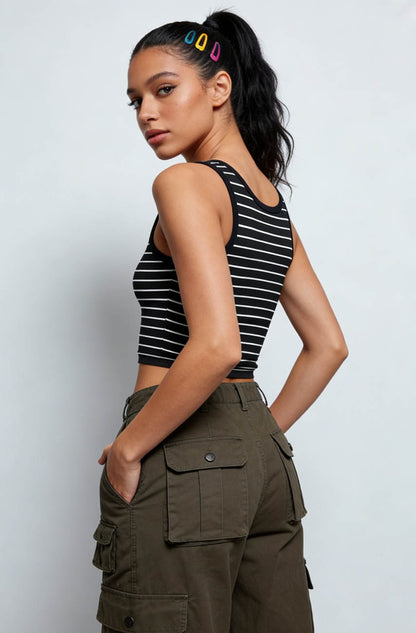 Cherie Code Women's Striped Ribbed Crop Tank Top – Sleeveless,  Casual Summer Tee