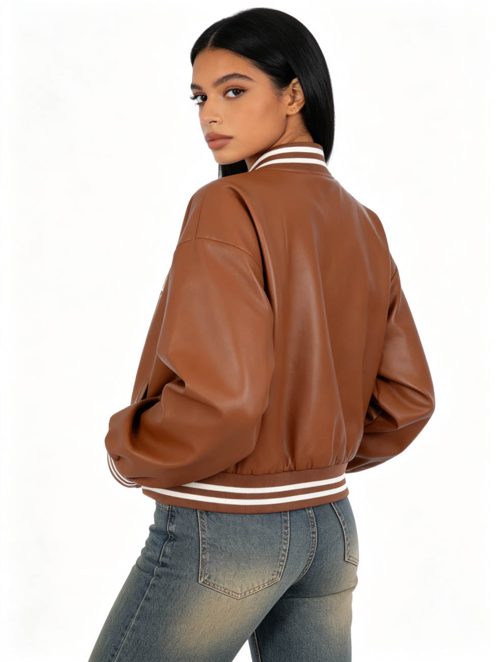 Cherie Code Women's Faux Leather Varsity Bomber Jacket – Snap Button Long Sleeve Cropped Baseball Jacket with Striped Rib Trim