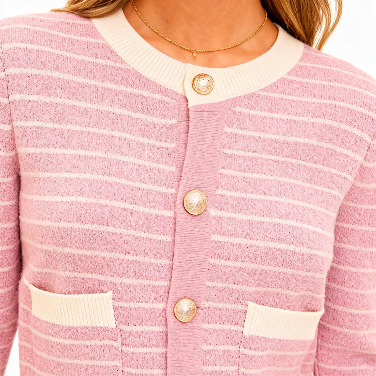 2-Piece Knit Set Women’s Pink & Cream Stripe Cardigan and Skirt – Long Sleeve, Button-Front, Fitted Silhouette