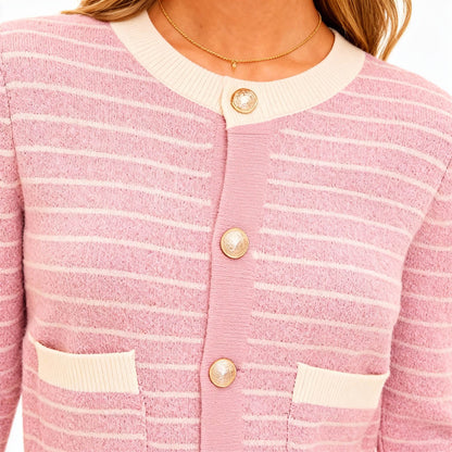 2-Piece Knit Set Women’s Pink & Cream Stripe Cardigan and Skirt – Long Sleeve, Button-Front, Fitted Silhouette