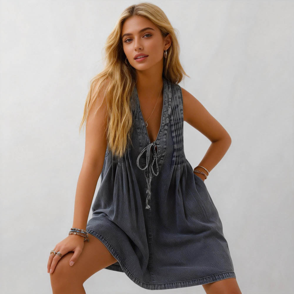 Women's Denim Romper - Sleeveless V-Neck Jumpsuit with Tie Front & Pockets Cherie Code