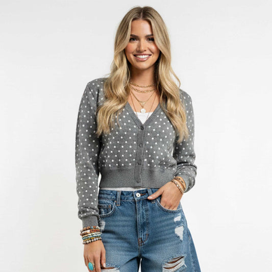 Cherie Code Women’s Grey Polka‑Dot Long‑Sleeve Knit Cardigan – Stretch Rib Knit Button‑Front Sweater