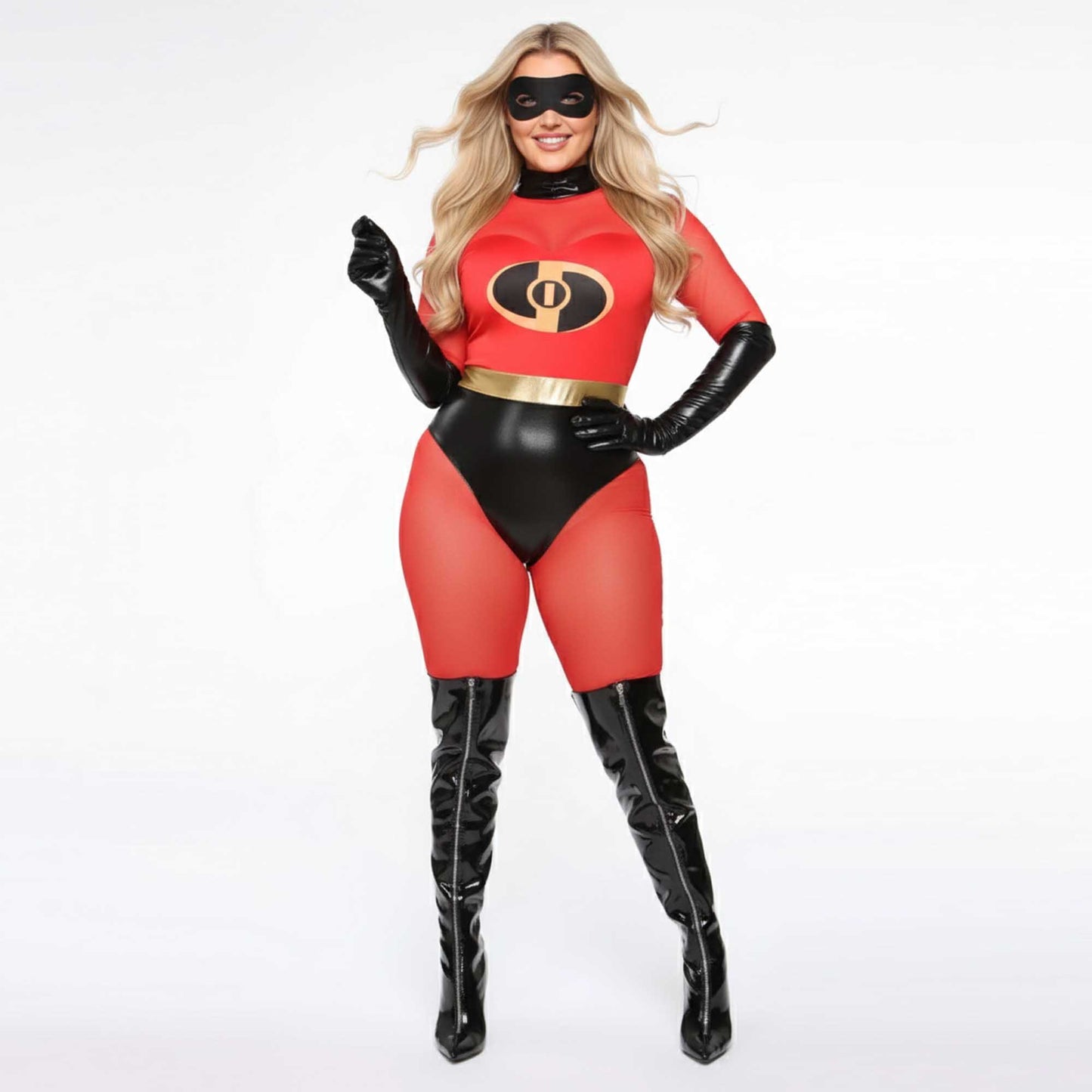Cherie Code Women’s Red & Black Super Hero 3‑Piece Costume – Mesh Jumpsuit, Gloves & Eye Mask