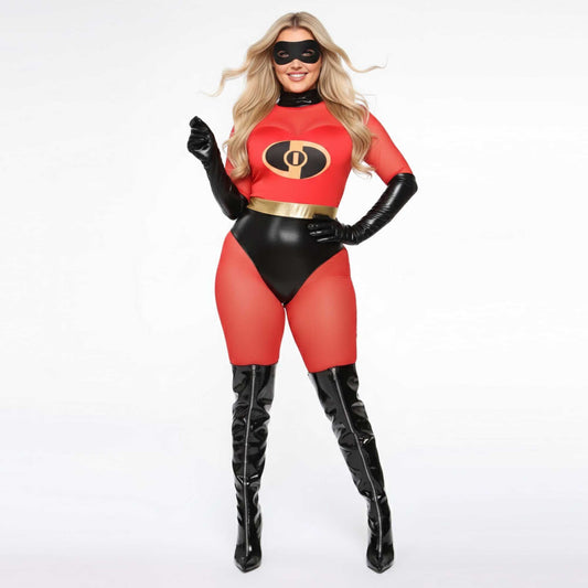 Cherie Code Women’s Red & Black Super Hero 3‑Piece Costume – Mesh Jumpsuit, Gloves & Eye Mask