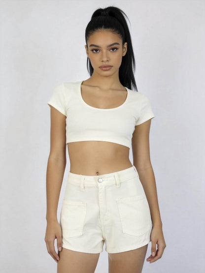 Cherie Code Women's High-Rise Denim Shorts – Rolled Cuff Casual Pocket Jean Shorts