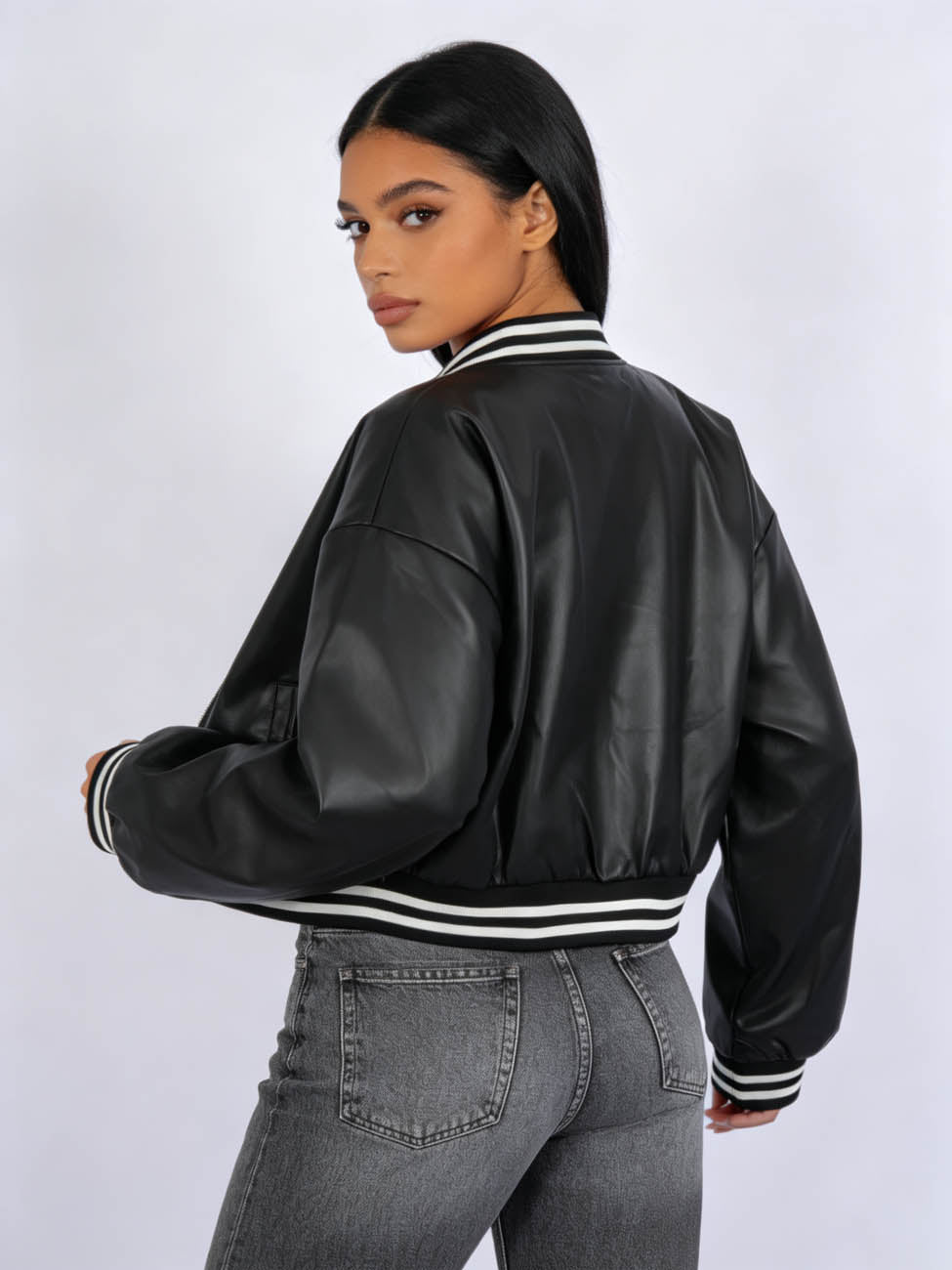 Cherie Code Women's Faux Leather Varsity Bomber Jacket – Snap Button Long Sleeve Cropped Baseball Jacket with Striped Rib Trim