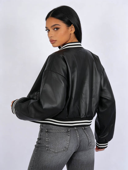 Cherie Code Women's Faux Leather Varsity Bomber Jacket – Snap Button Long Sleeve Cropped Baseball Jacket with Striped Rib Trim