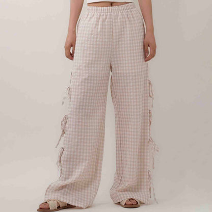 Women Everyday Checked Elastic Waist Side Strape Bowtie Casual Loungewear Pants Cherie Code