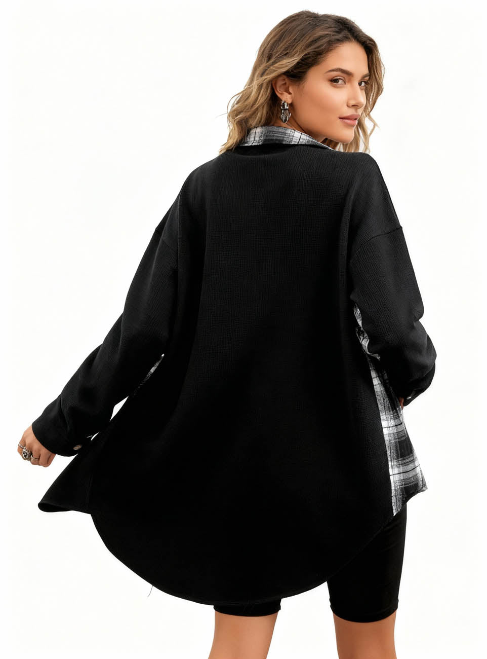 Women’s Long Sleeve Button-Down Shirt Jacket with Plaid Trim – Soft Stretch Fabric
