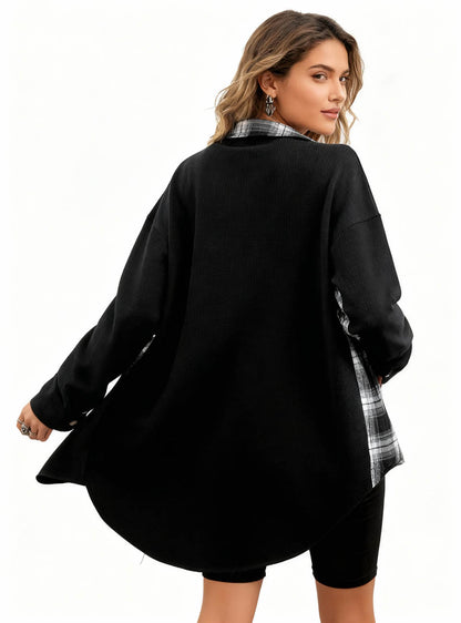 Women’s Long Sleeve Button-Down Shirt Jacket with Plaid Trim – Soft Stretch Fabric
