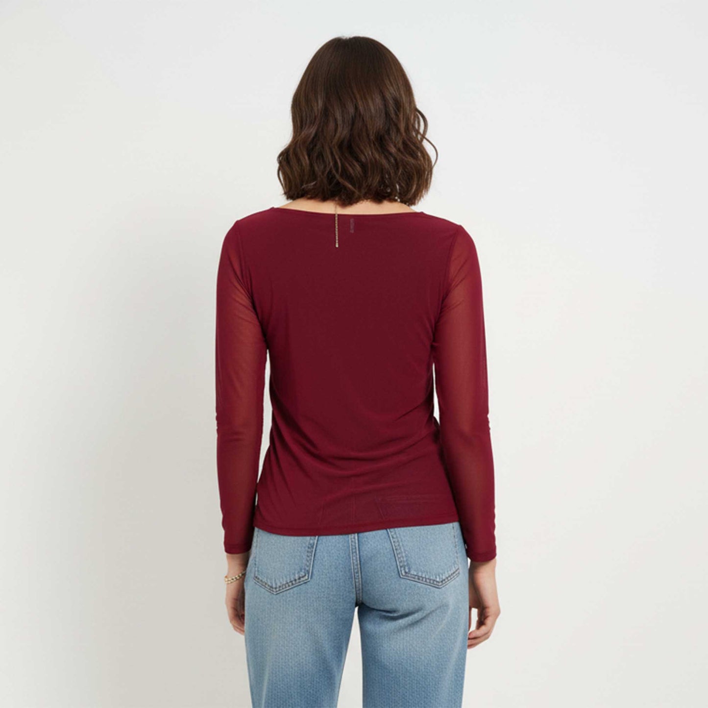 Women's Mesh Long Sleeve Top with Rhinestone Embellishments – Sheer Slim Fit Blouse