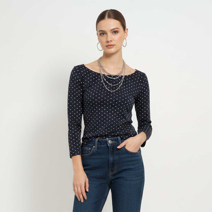 Cherie Code Women’s Polka‑Dot Long‑Sleeve Tee – Navy Dot Print Scoop Neck Casual Top