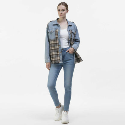 Cherie Code Women’s Patchwork Plaid Denim Jacket – Color‑Block Plaid