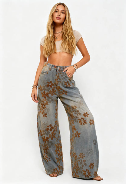 Cherie Code Women’s High-Rise Barrel Leg Denim Pants – Floral Print, Stretch Cotton Blend