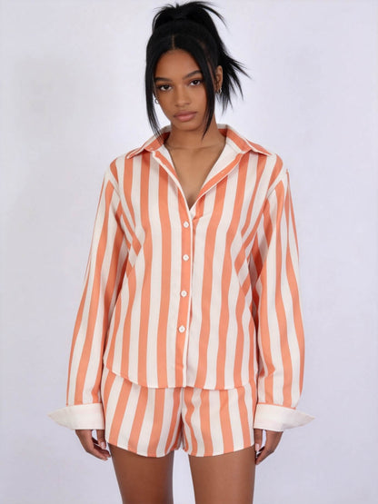 Women's 3-Piece Striped Lounge Set – Button Down Shirt, Triangle Bralette & Elastic Waist Shorts, Lightweight Summer Matching Outfit