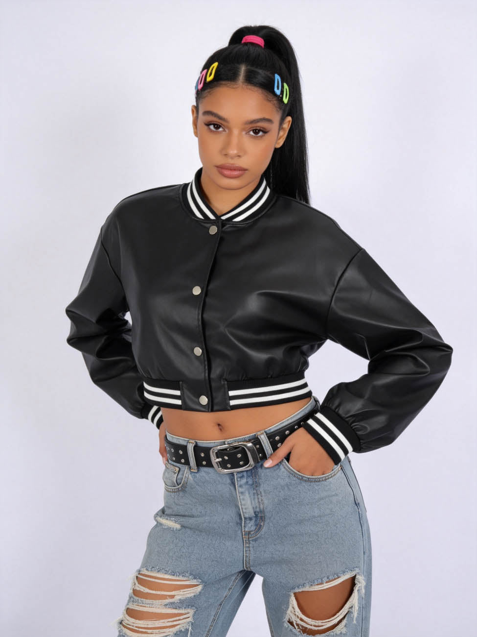 Cherie Code Women's Faux Leather Varsity Bomber Jacket – Snap Button Long Sleeve Cropped Baseball Jacket with Striped Rib Trim