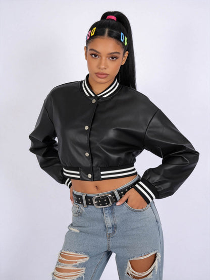 Cherie Code Women's Faux Leather Varsity Bomber Jacket – Snap Button Long Sleeve Cropped Baseball Jacket with Striped Rib Trim