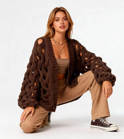 Cherie Code Women’s Open Knit Button-Front Cardigan Sweater – Long Balloon Sleeves
