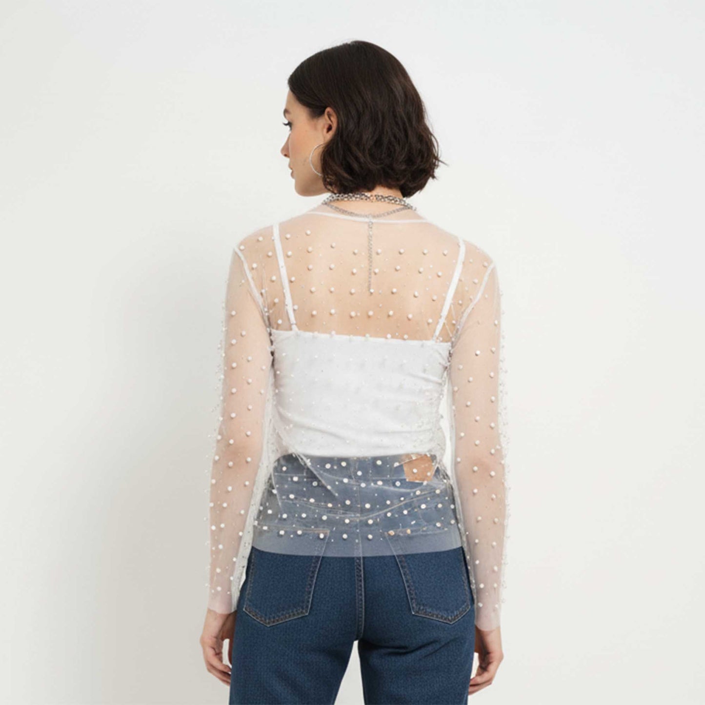 Women's Elegant Pearl & Rhinestone Sheer Top - Slim Fit Long Sleeve Layering Blouse Cherie Code