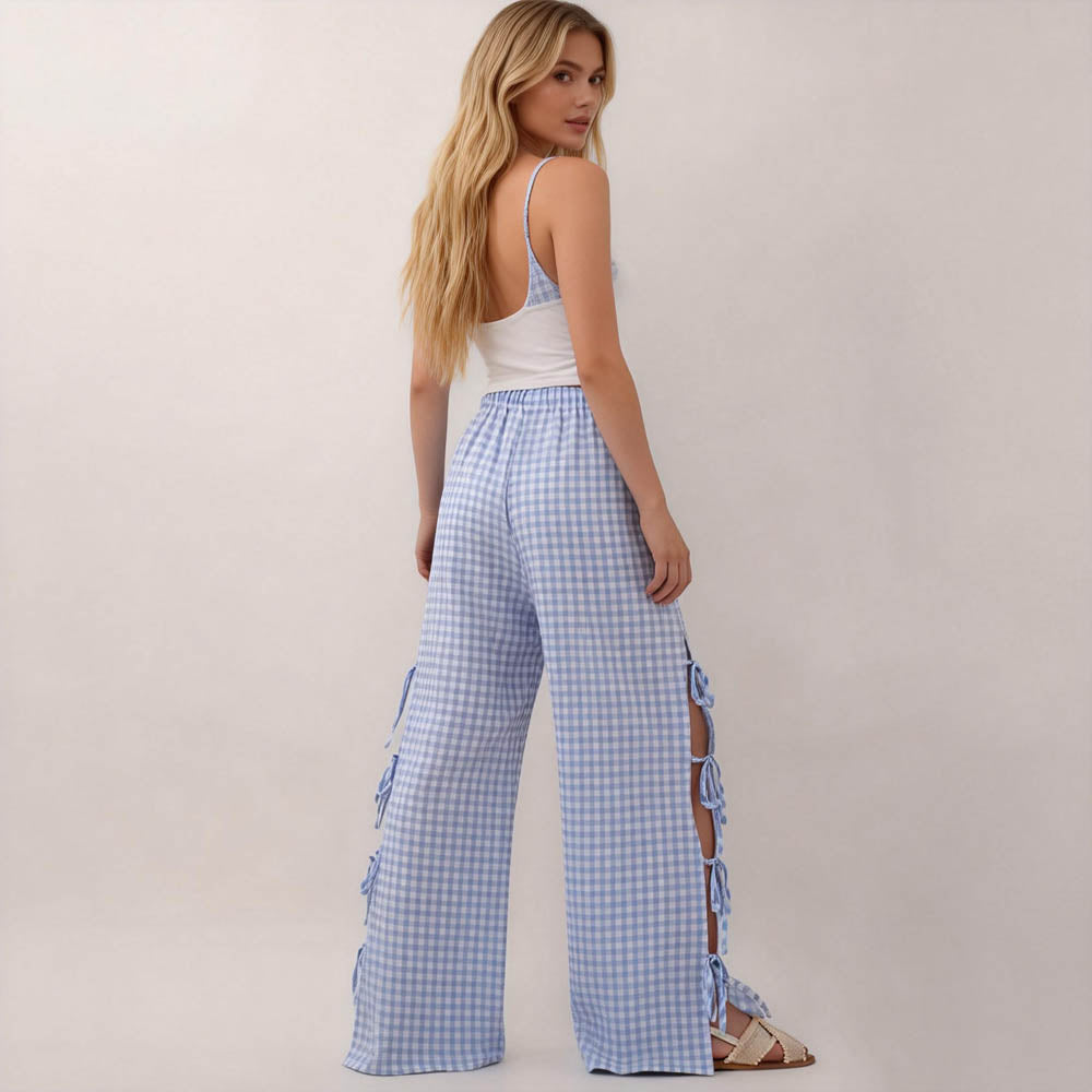 Women Everyday Checked Elastic Waist Side Strape Bowtie Casual Loungewear Pants Cherie Code
