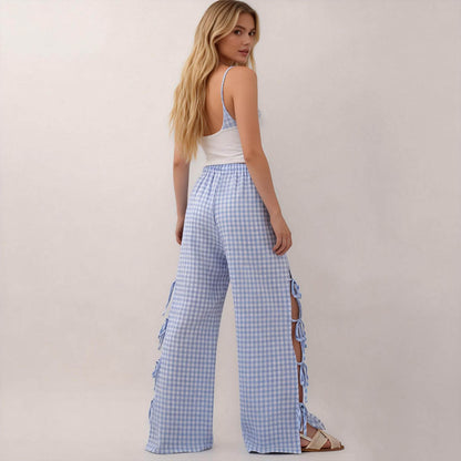 Women Everyday Checked Elastic Waist Side Strape Bowtie Casual Loungewear Pants Cherie Code