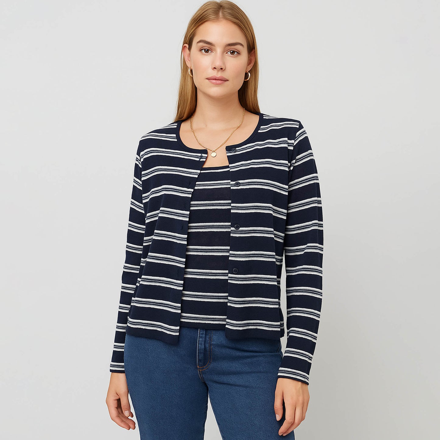 Cherie Code Women’s Knit Cardigan – Stripe Pattern, Long Sleeve, Cropped Fit