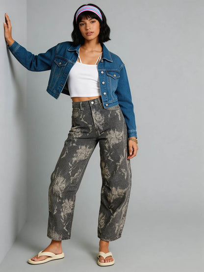 Cherie Code Women’s High-Rise Wide Leg Jeans – Vintage Wash Printed Denim Pants with Relaxed Fit & Cropped Length