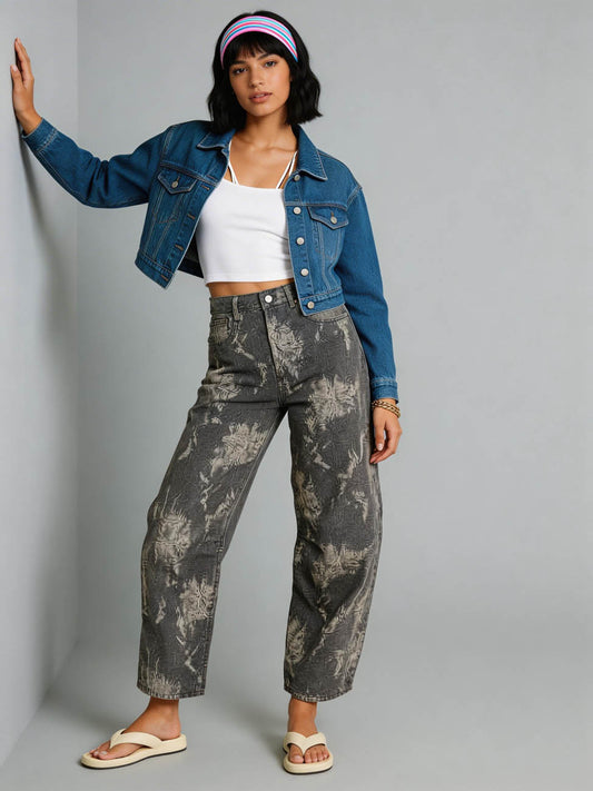 Cherie Code Women’s High-Rise Wide Leg Jeans – Vintage Wash Printed Denim Pants with Relaxed Fit & Cropped Length