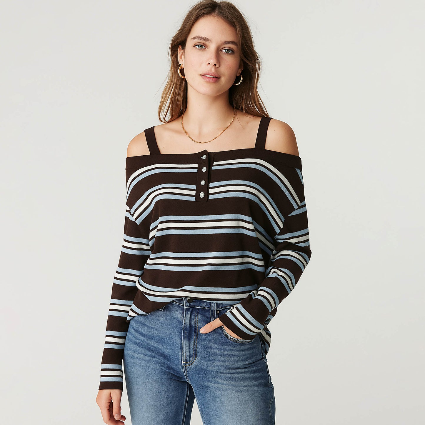 Cherie Code Women’s Ribbed Top – Stripe Pattern, Cold Shoulder, Button Placket