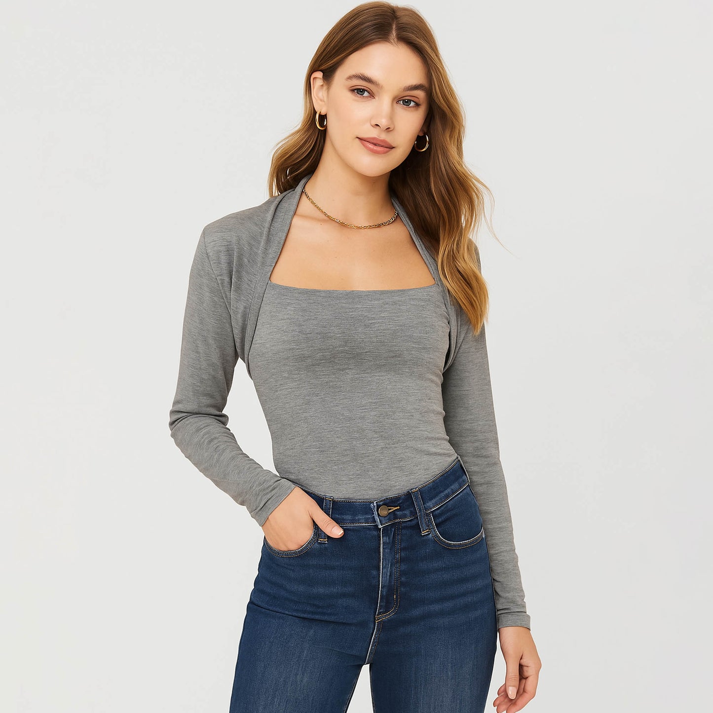 Cherie Code Women’s Square Neck Top – Rib Knit, Long Sleeve, Bolero Detail