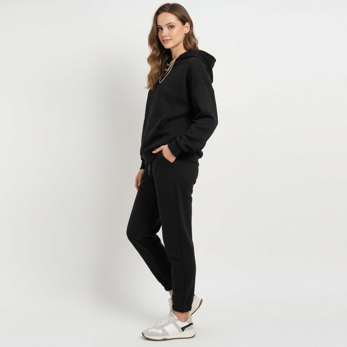 Cherie Code Women's Black Hoodie Lounge Set with Velvet Lining – Long Sleeve Top and Jogger Pants – Casual Fit