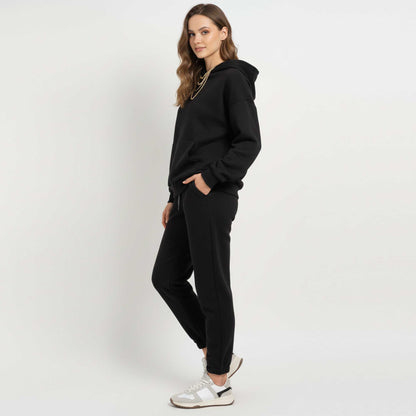 Cherie Code Women's Black Hoodie Lounge Set with Velvet Lining – Long Sleeve Top and Jogger Pants – Casual Fit