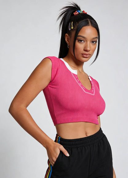 Cherie Code Women's Ribbed V-Neck Crop Top – Short Sleeve, Stretch Knit Tee