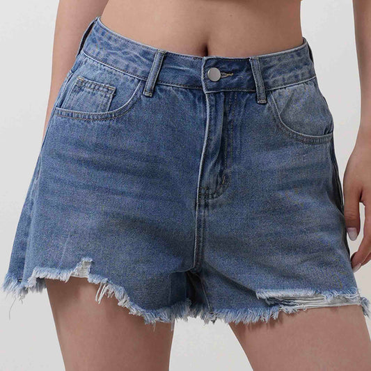 Women's Distressed Denim Shorts - Classic 5-Pocket Style with Button & Zip Closure Cherie Code