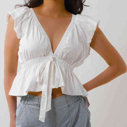 Women's V-Neck Sleeveless Top - Cotton with Bow Tie Waist Detail & Elastic Waistband Cherie Code