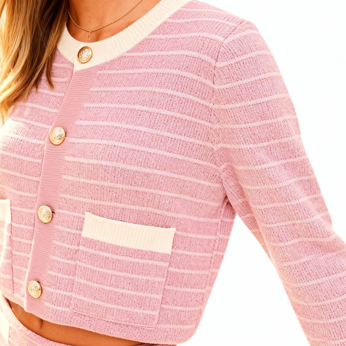 2-Piece Knit Set Women’s Pink & Cream Stripe Cardigan and Skirt – Long Sleeve, Button-Front, Fitted Silhouette