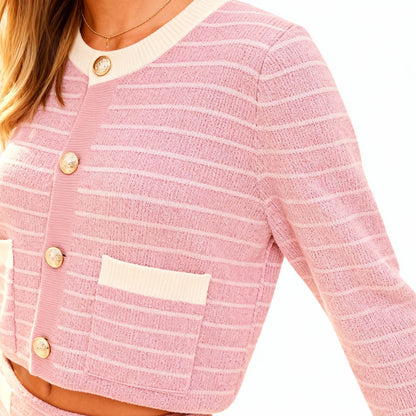 2-Piece Knit Set Women’s Pink & Cream Stripe Cardigan and Skirt – Long Sleeve, Button-Front, Fitted Silhouette