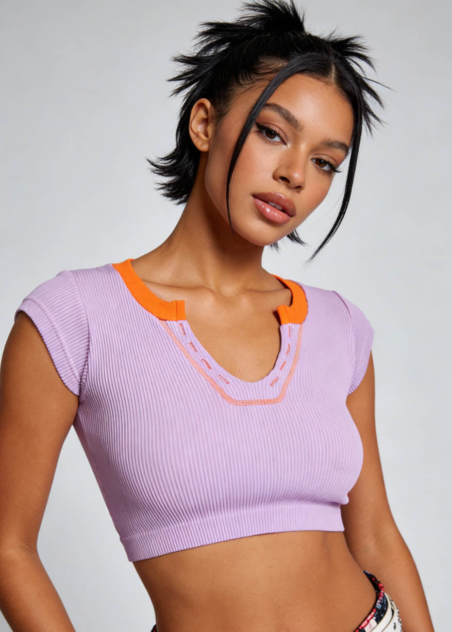 Cherie Code Women's Ribbed V-Neck Crop Top – Short Sleeve, Stretch Knit Tee