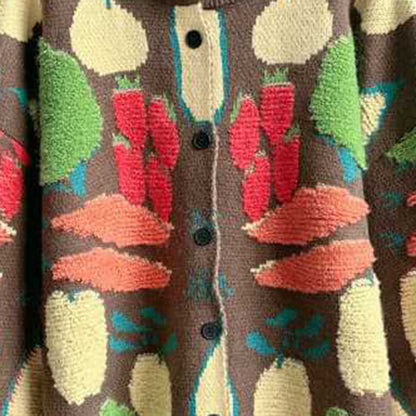 Women's Veggie Garden Jacquard Knit Cardigan -Casual Button Front Sweater Long Sleeves