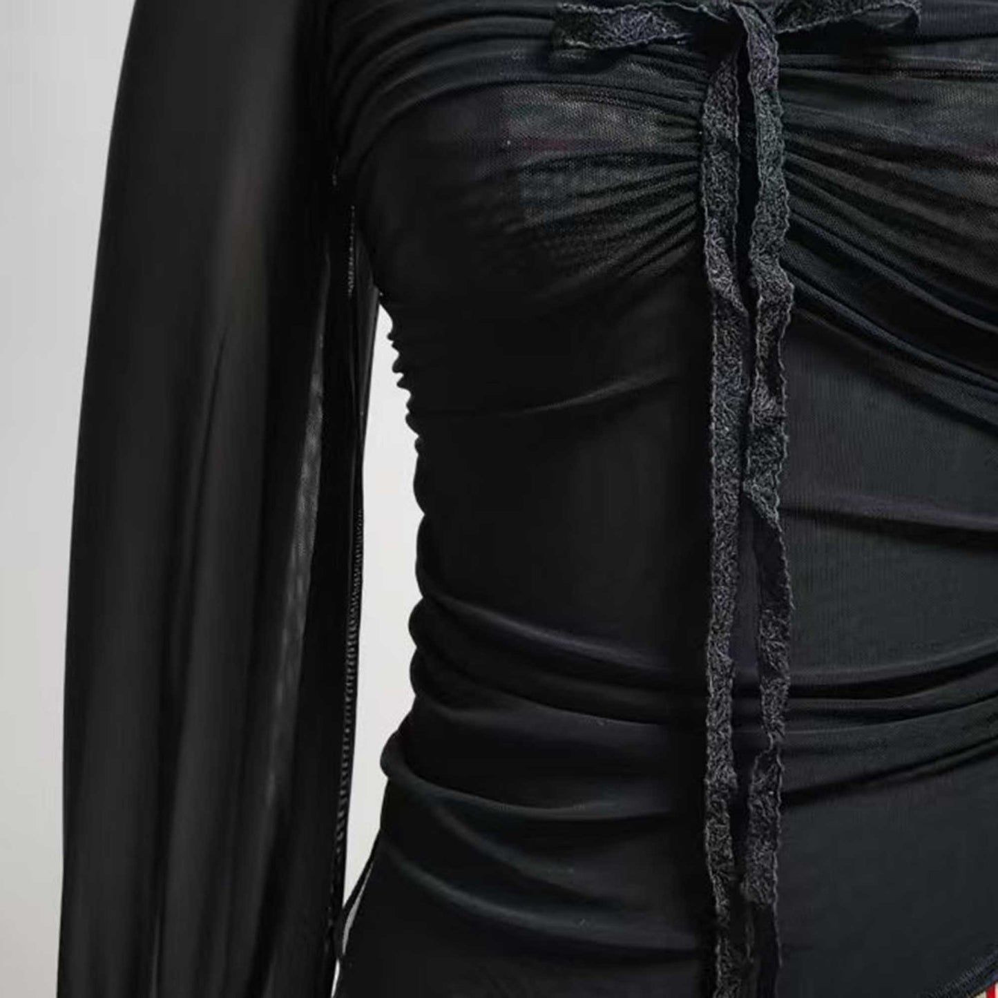 Cherie Code Women’s Mesh Tie‑Front Long Sleeve Top – Sheer Panel Ruched Knit Blouse