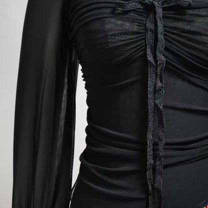 Cherie Code Women’s Mesh Tie‑Front Long Sleeve Top – Sheer Panel Ruched Knit Blouse