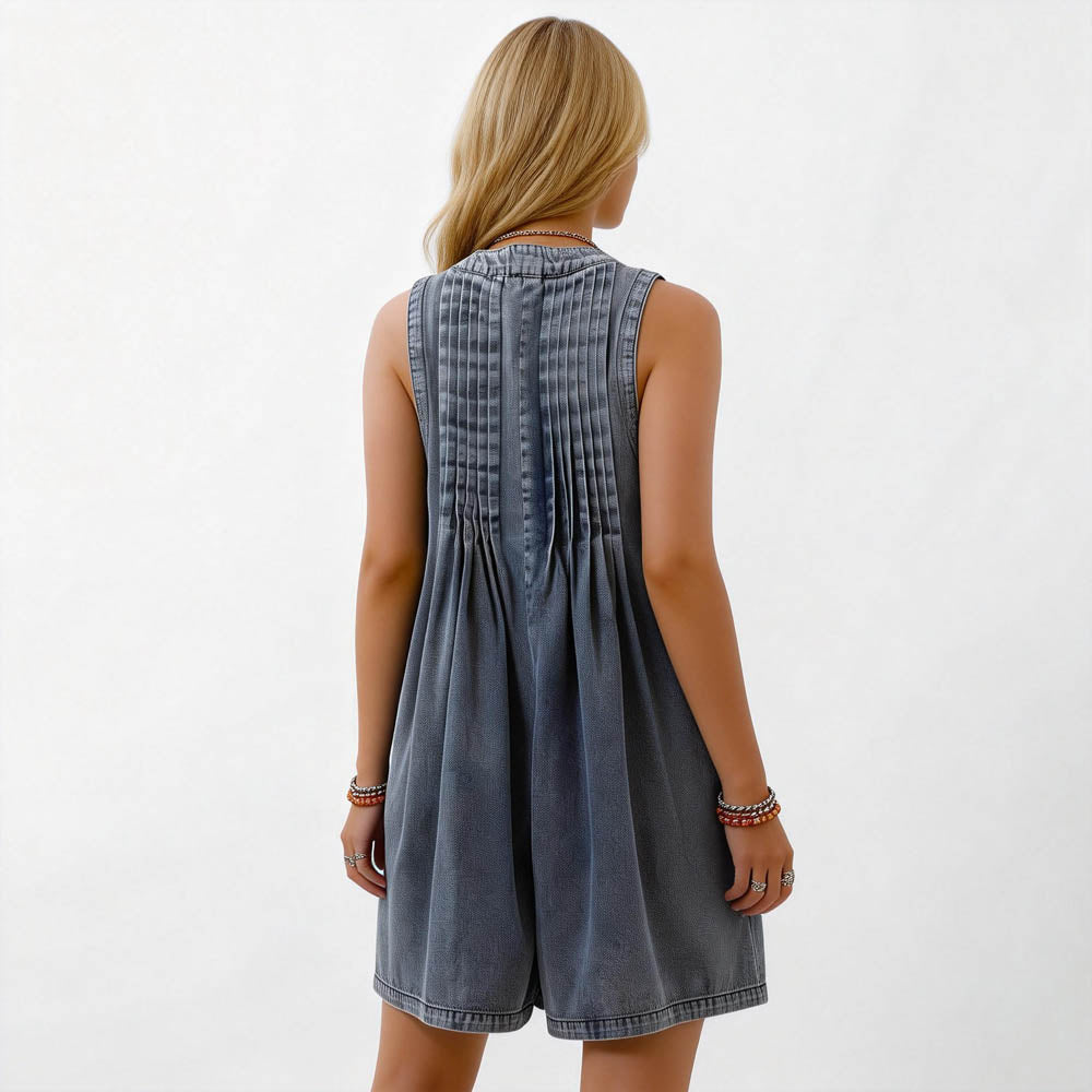 Women's Denim Romper - Sleeveless V-Neck Jumpsuit with Tie Front & Pockets Cherie Code