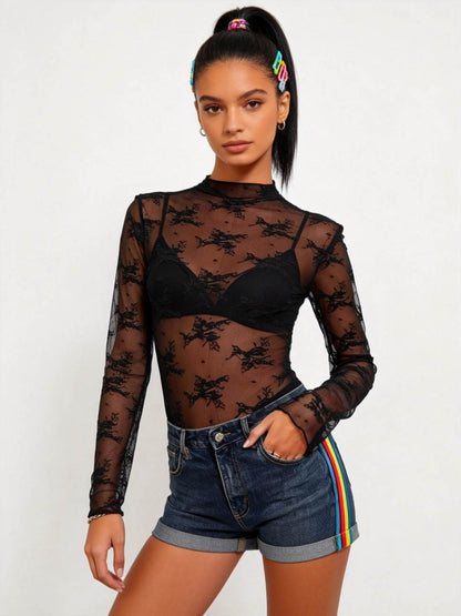 2 piece Women’s  Sheer Lace Long Sleeve Top – High Neck, Sexy & Layering Essential Cherie Code Buy 2 Save!