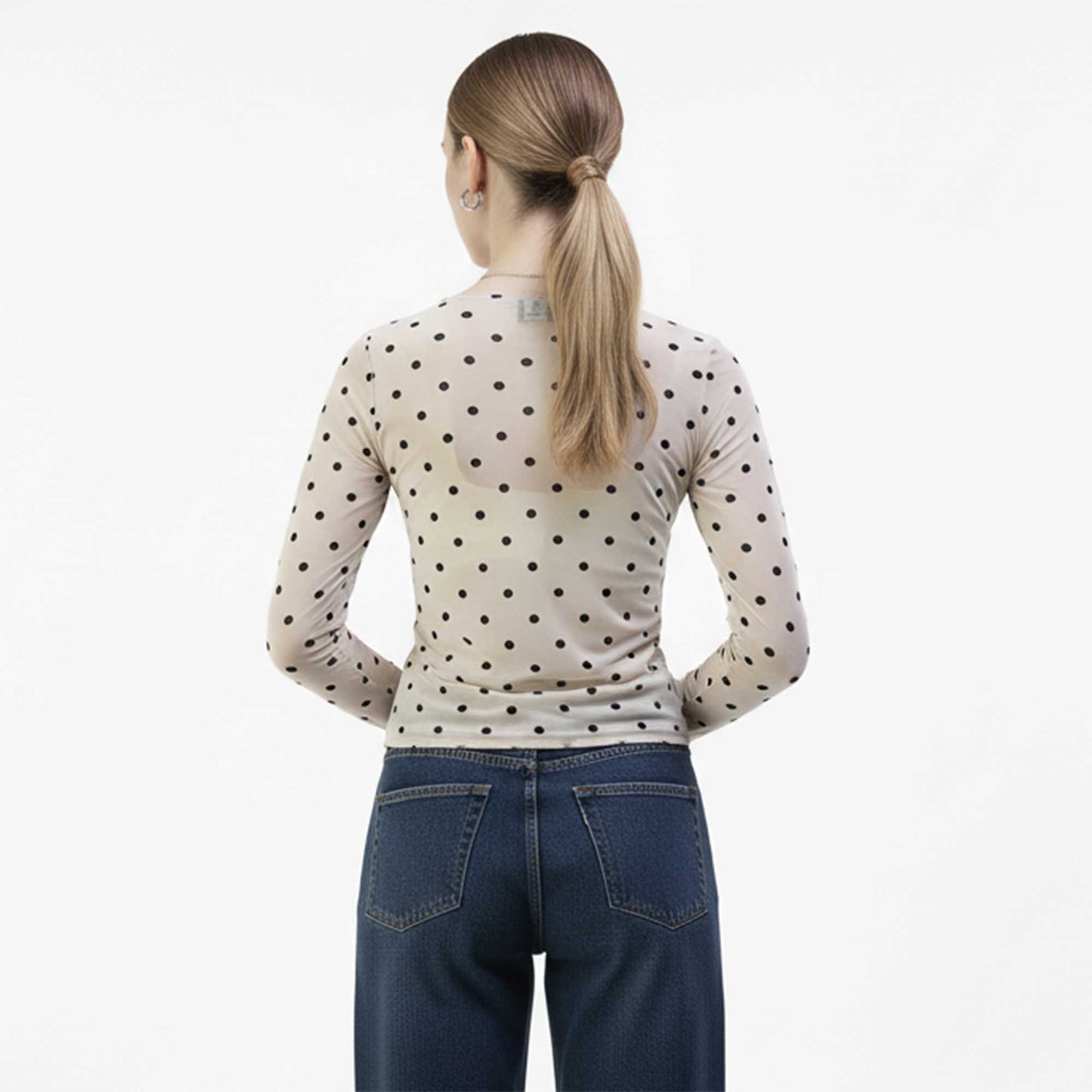 Cherie Code Women’s Polka Dot Mesh Top – Sheer Long Sleeve Stretch Tee