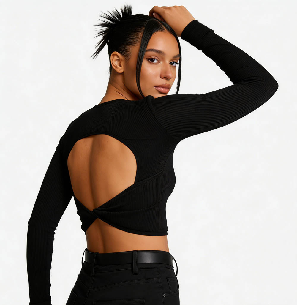 Cherie Code Women's Ribbed Long Sleeve Back Cutout Crop Top - Soft Stretch Fitted Pullover