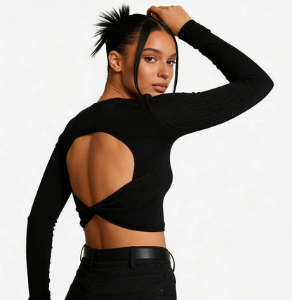 Cherie Code Women's Ribbed Long Sleeve Back Cutout Crop Top - Soft Stretch Fitted Pullover