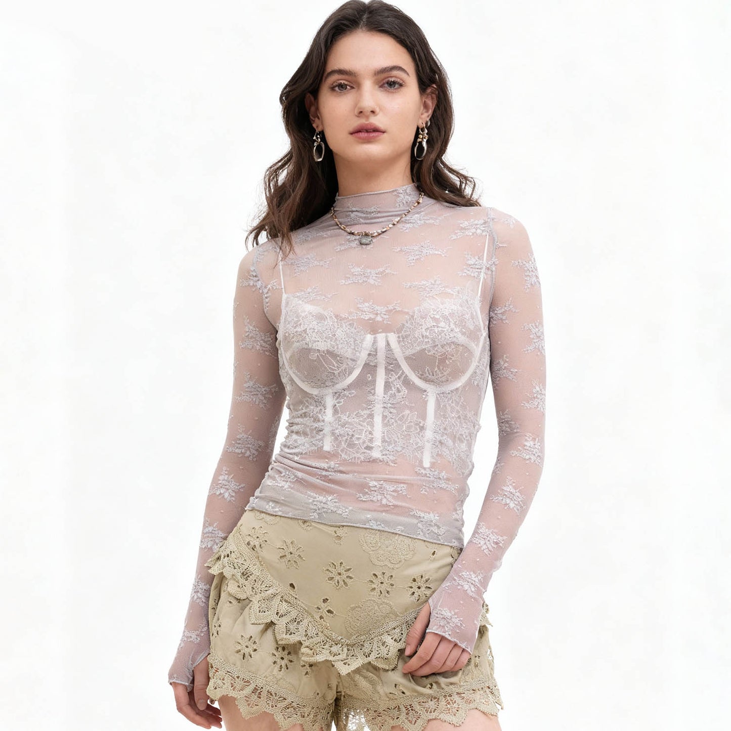 Women's Floral Lace Slim-Fit Top – Sheer Stretch Tee with Baby Overlock Edge Cherie Code