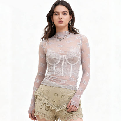 Women's Floral Lace Slim-Fit Top – Sheer Stretch Tee with Baby Overlock Edge Cherie Code