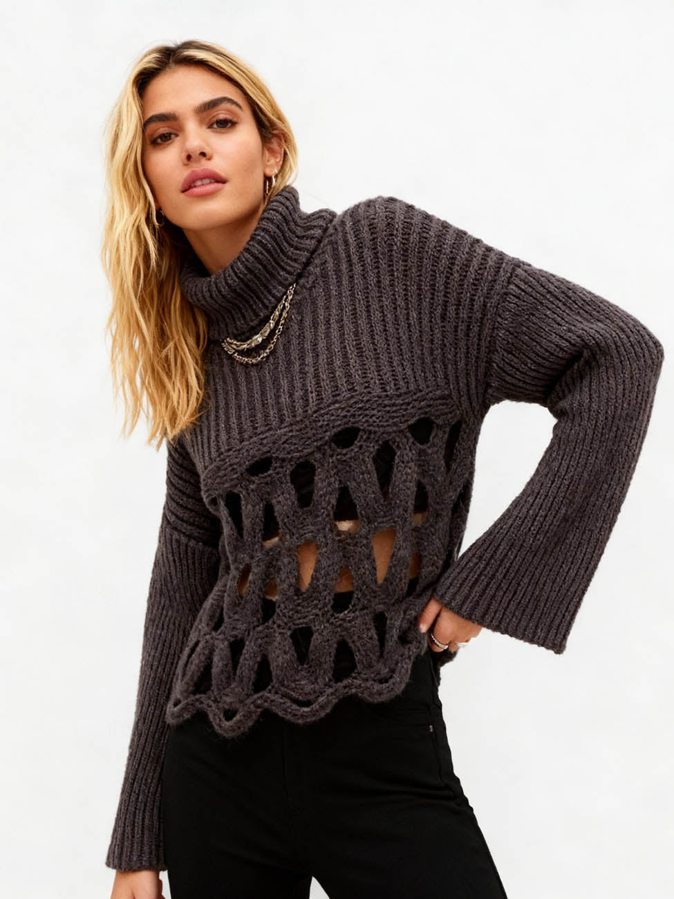 Cherie Code Women’s Hollow‑Knit Irregular Hem Sweater – Turtleneck Long Sleeve Ribbed Pullover
