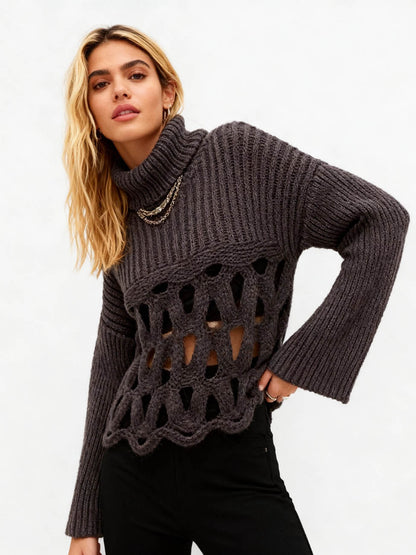 Cherie Code Women’s Hollow‑Knit Irregular Hem Sweater – Turtleneck Long Sleeve Ribbed Pullover